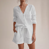 Weißer Langarm-Schlafanzug aus Baumwollkrepp mit Shorts für Klimaanlagen, hautfreundliche Homewear